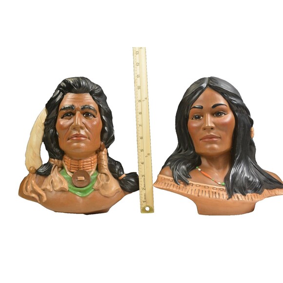 Vintage Native Americans Ceramic Head Bust Statues Hand Painted 11" H x 11" W - Picture 2 of 7